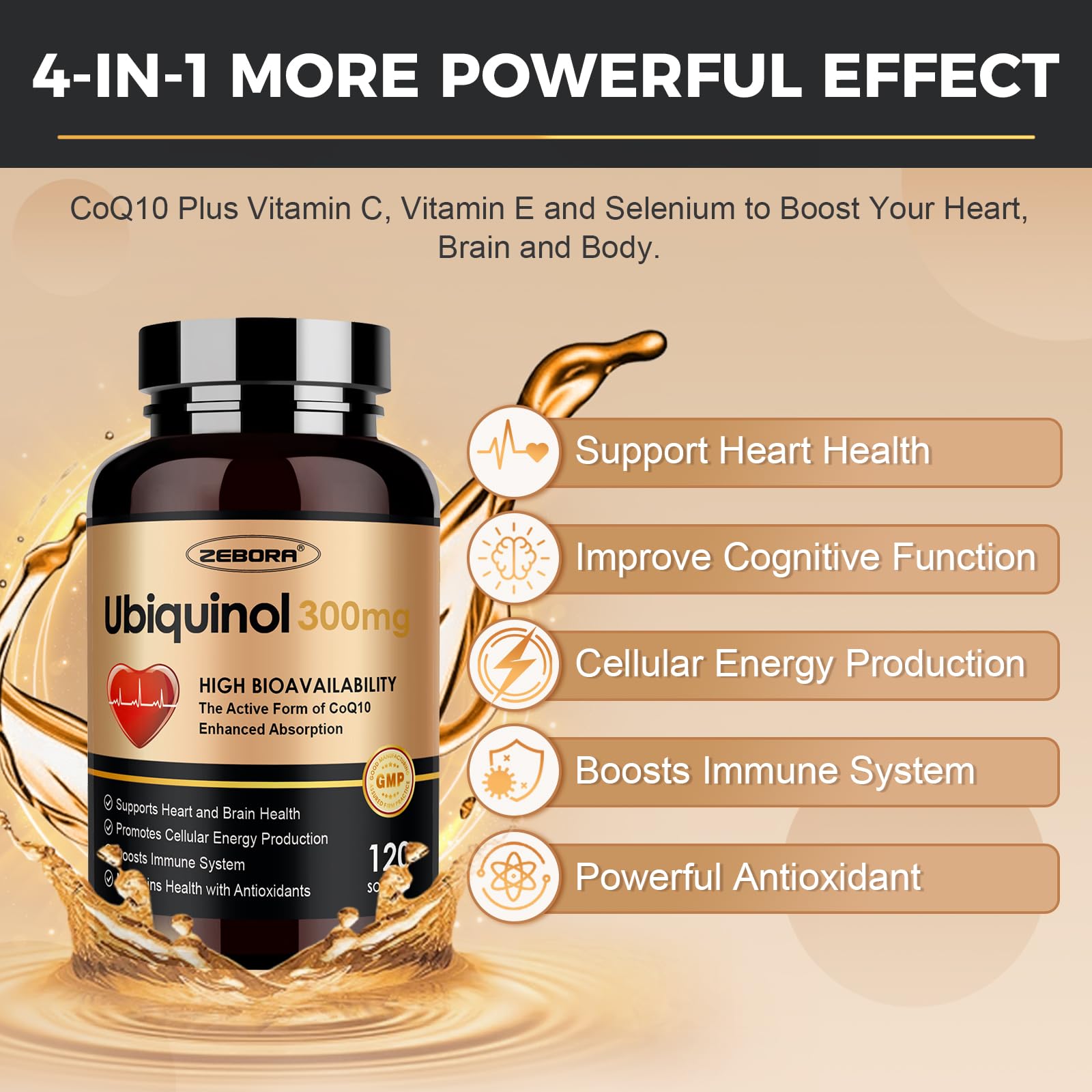 ZEBORA ubiquinol CoQ10 300mg softgels bottle 120 servings