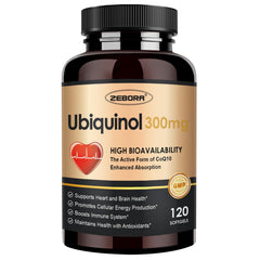 Front view of ZEBORA ubiquinol CoQ10 300mg softgels bottle