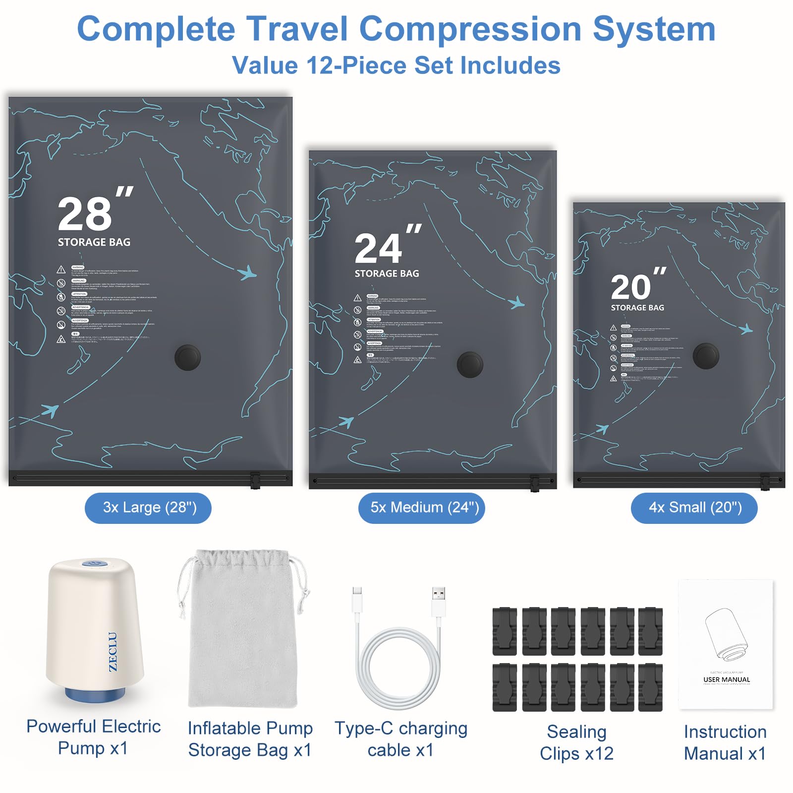 Travel kit including Zeclu vacuum seal bags