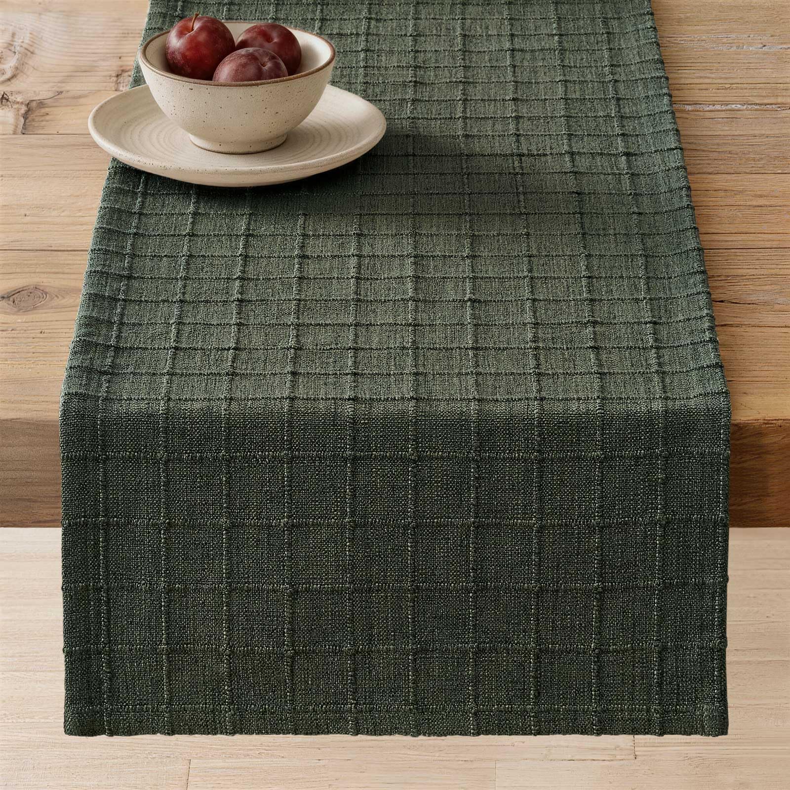 ZeeMart Artisanal Grid Linen Table Runner in Army Green