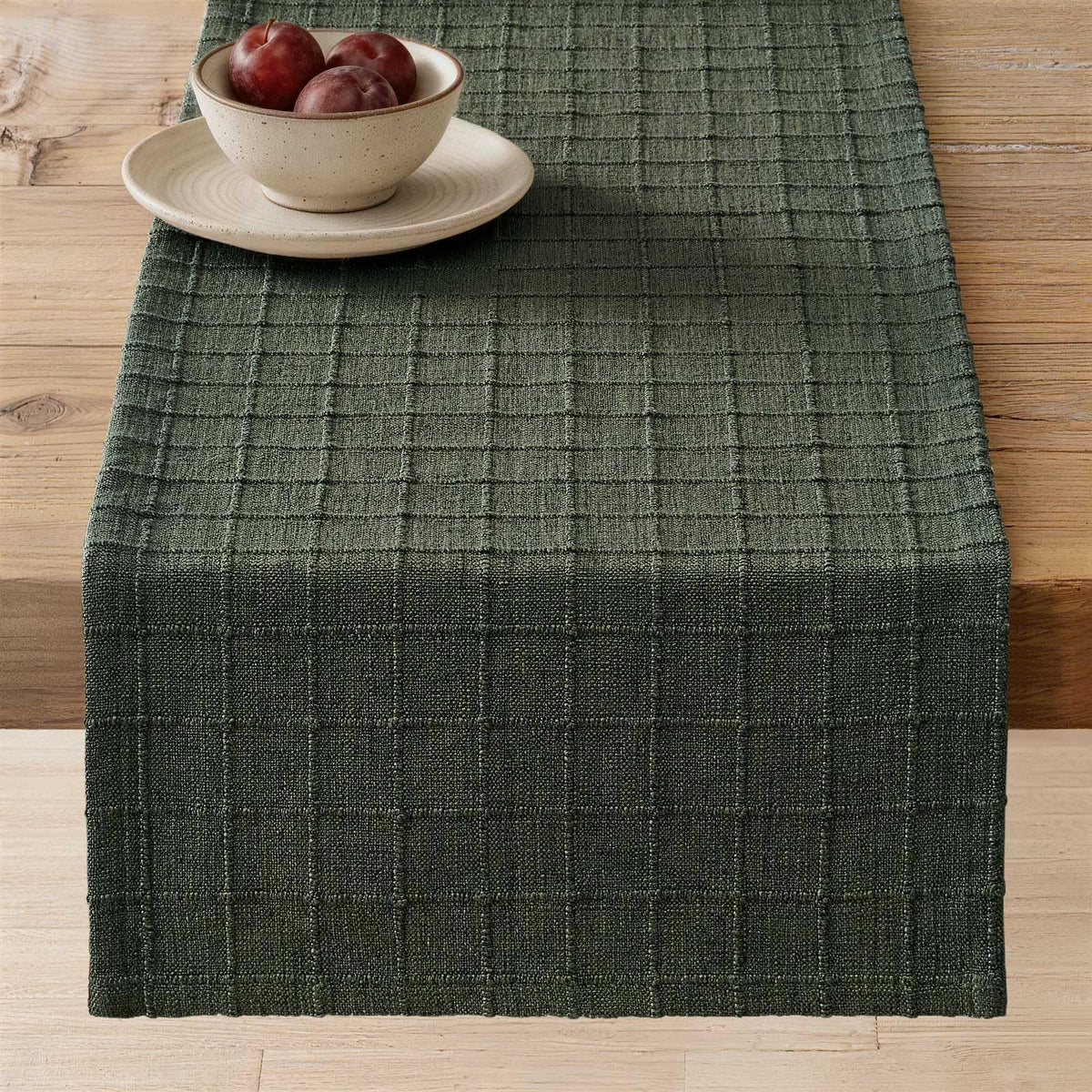 ZeeMart Artisanal Grid Linen Table Runner in Army Green