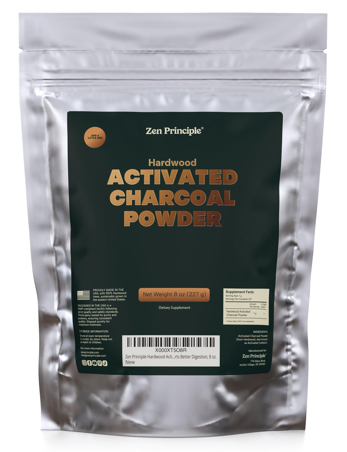 Zen Principle hardwood activated charcoal powder bottle