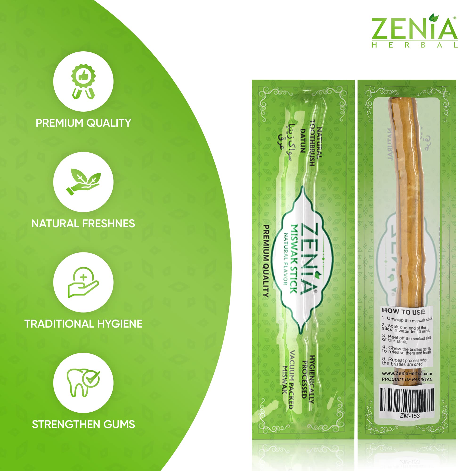 Back of packaging showing Miswak usage instructions