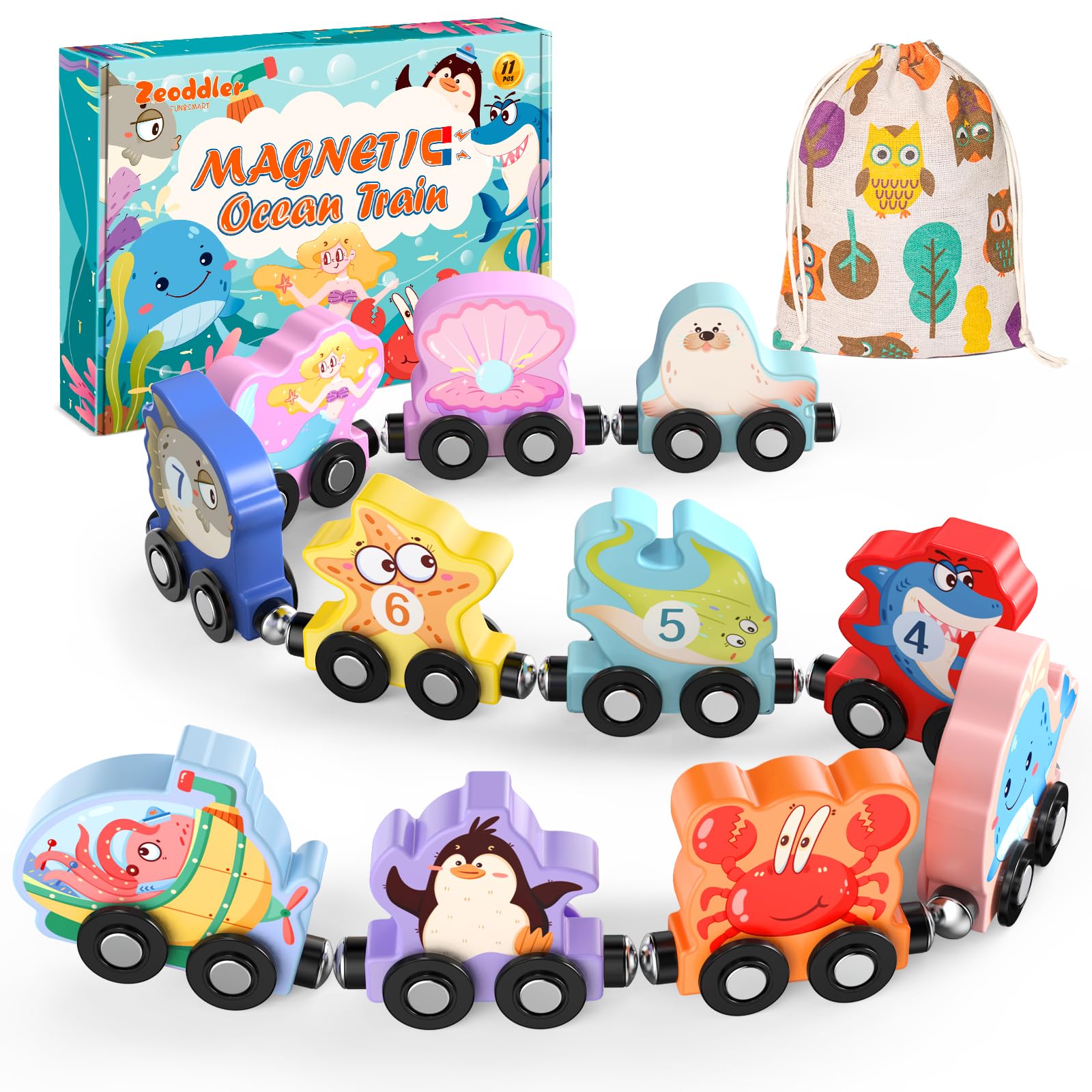 Zeoddler magnetic sea animals train set 11 pieces for toddlers