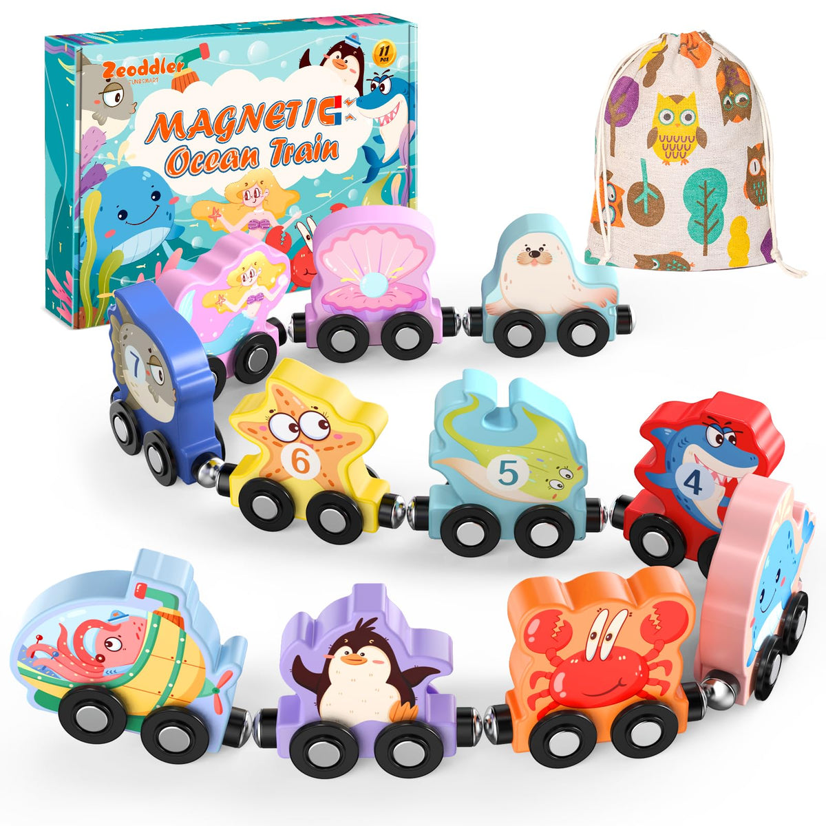 Zeoddler magnetic sea animals train set 11 pieces for toddlers
