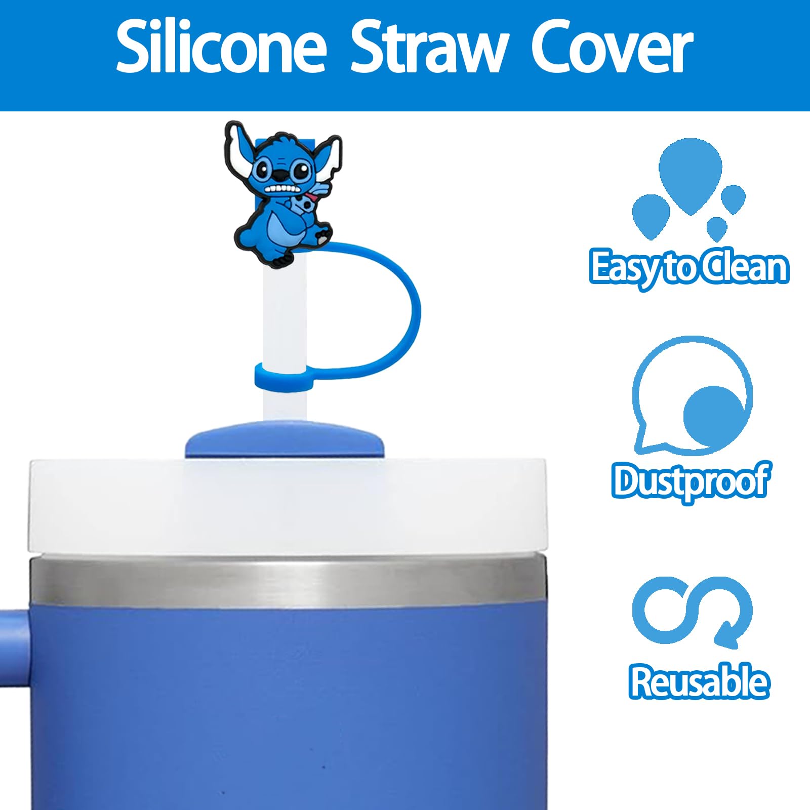 Blue cartoon monster design straw cap compatible with Stanley Cup tumblers