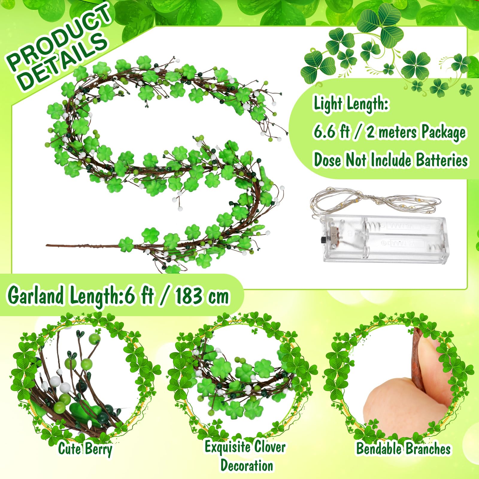 Wood shamrocks and plastic berries on garland wire in green white brown color