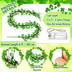 Wood shamrocks and plastic berries on garland wire in green white brown color