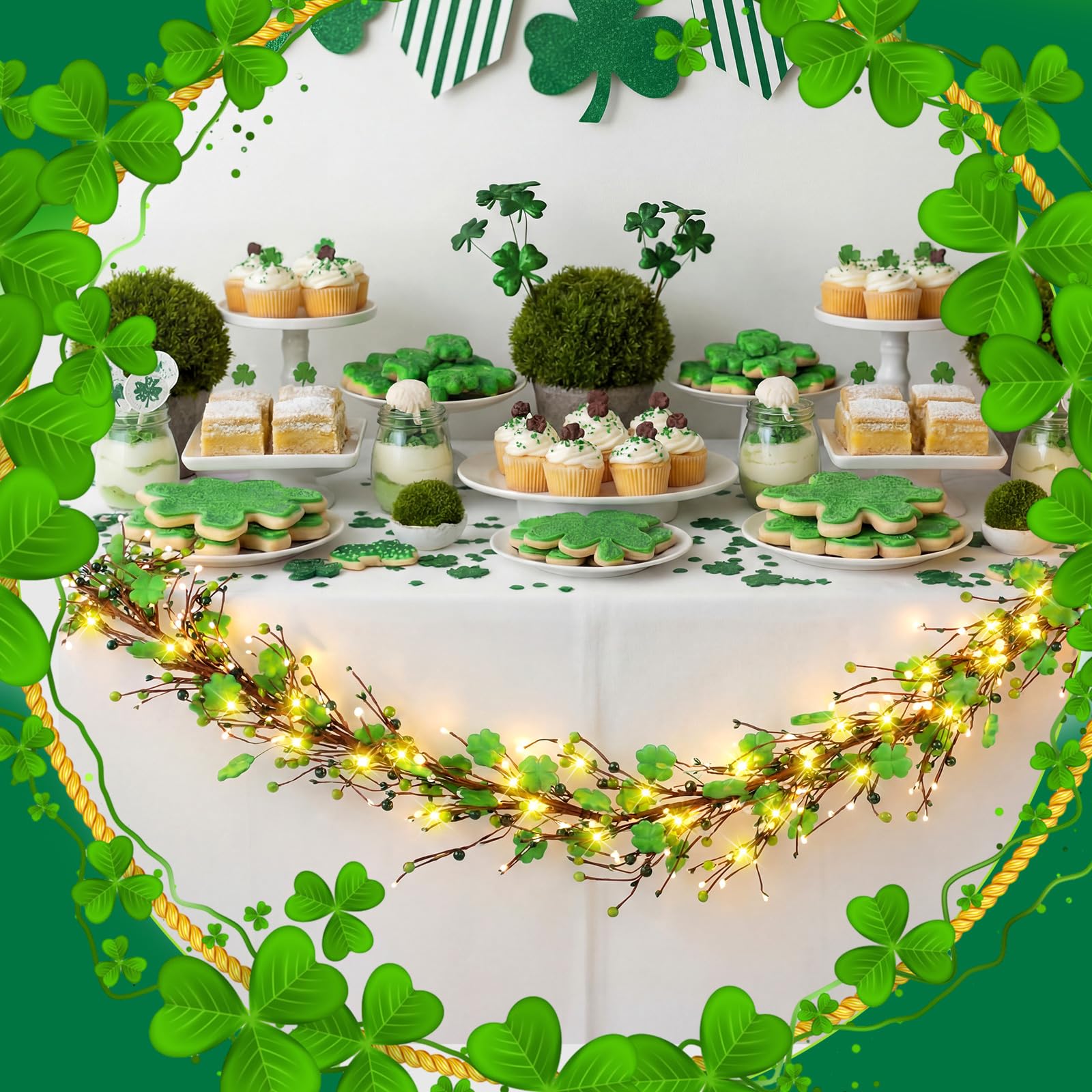 Shamrocks made of wood paired with plastic berries on garland