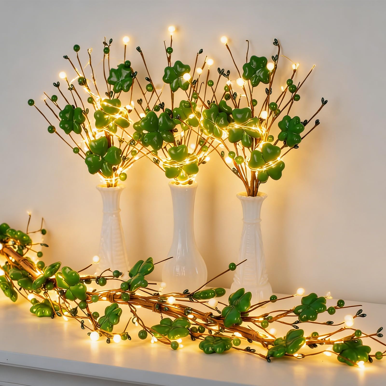 Zeyune St Patrick's Day garland with lights 6 ft long green shamrocks on wire