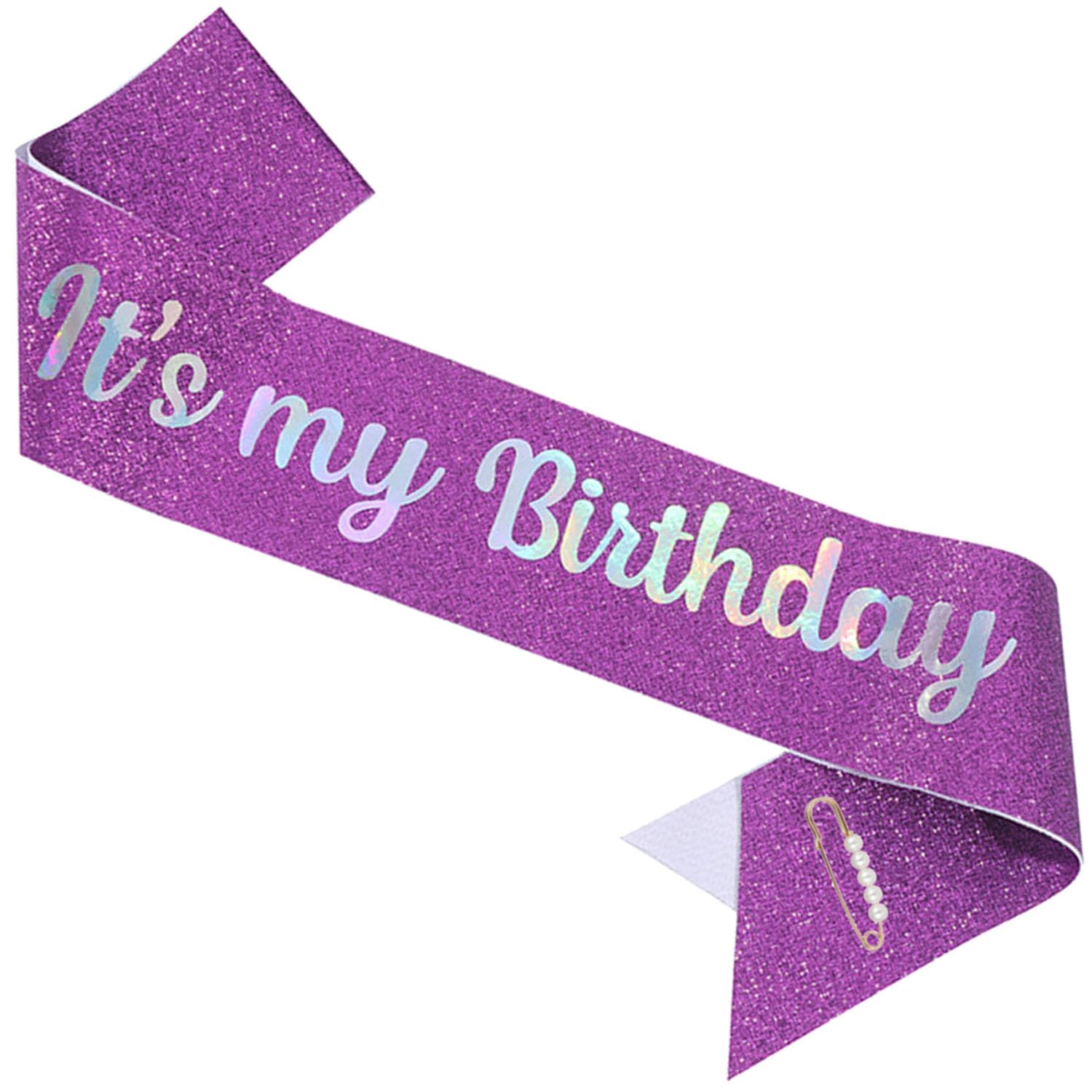 ZHBDPaty birthday girl sash glitter with pearl pin purple