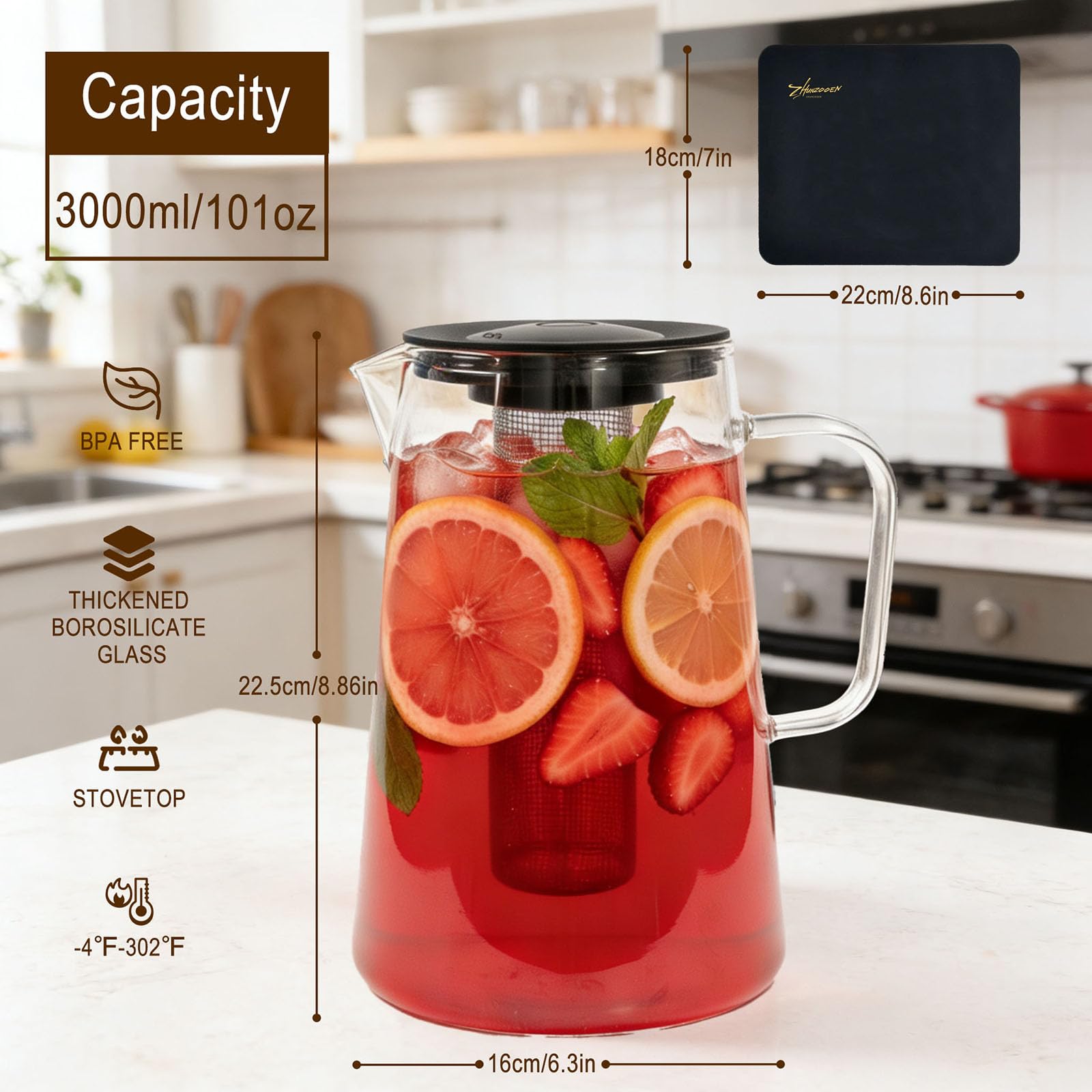 ZHUNZOOEN Borosilicate glass pitcher with handle and lid