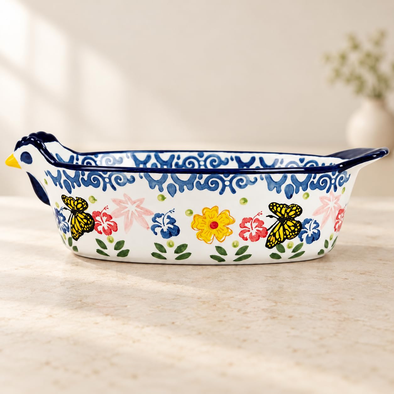 zhydrl chicken shaped ceramic casserole dish with floral pattern