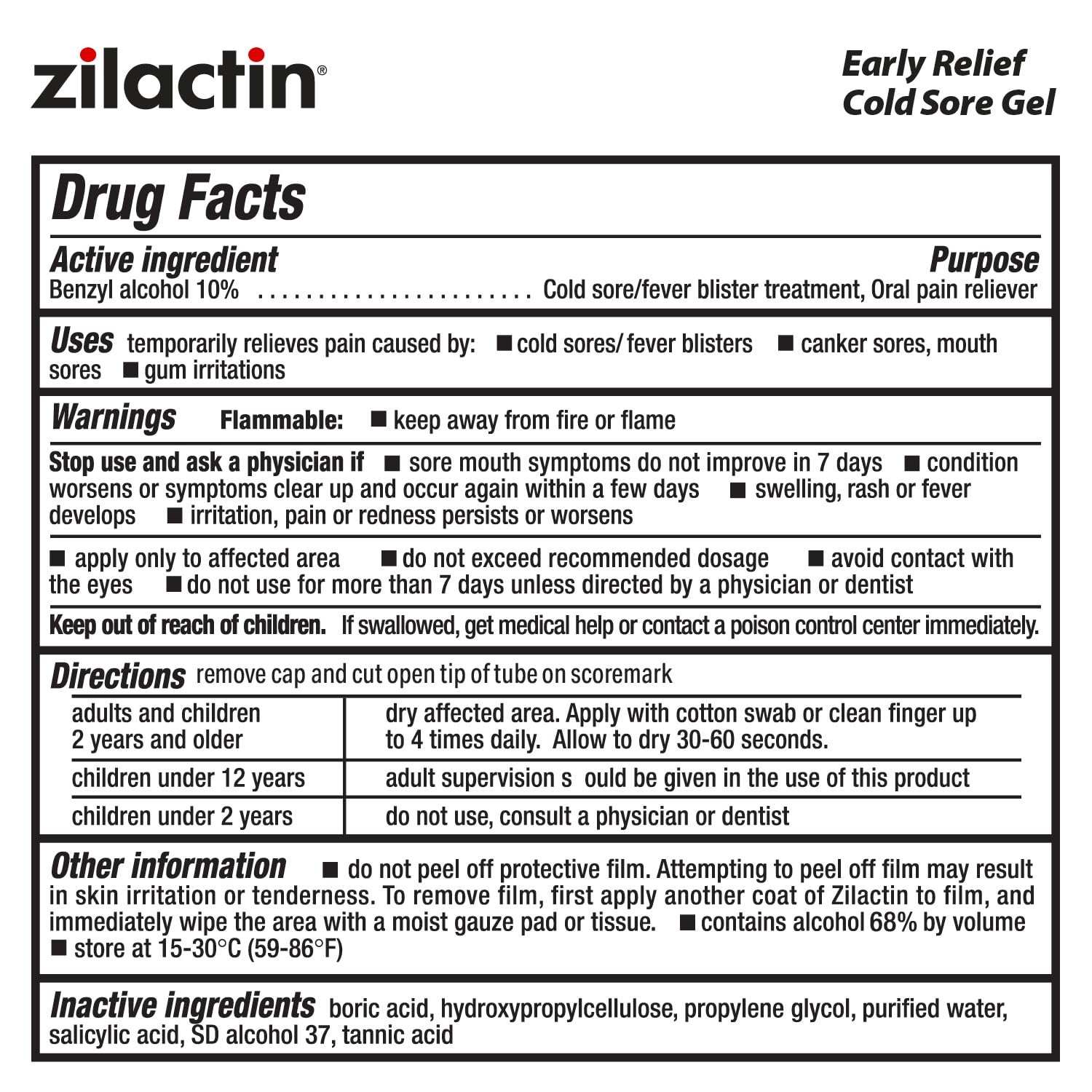 0.25oz Zilactin gel for cold sores and fever blisters