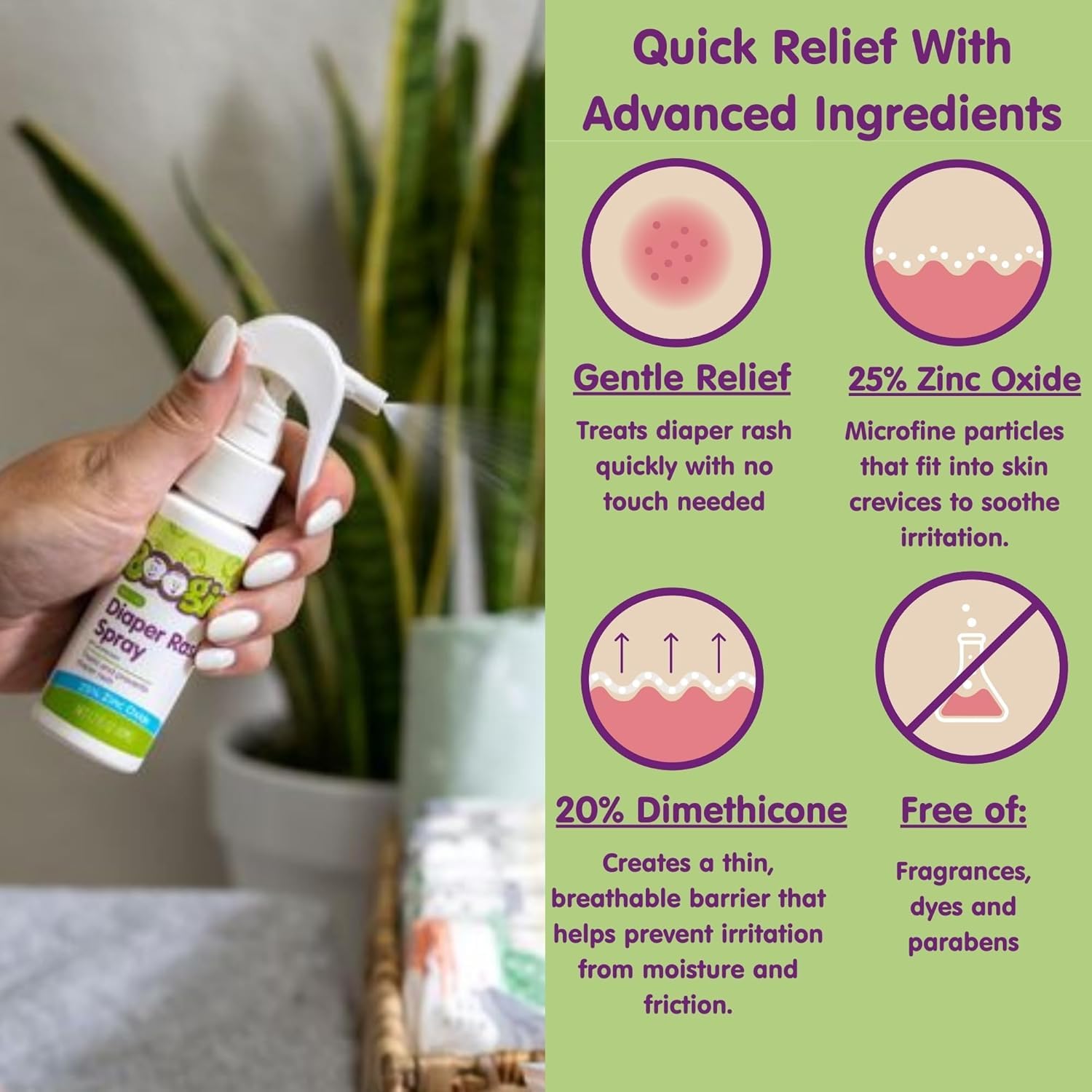 Zinc oxide diaper rash spray bottle Boogie 1-7 fl oz label