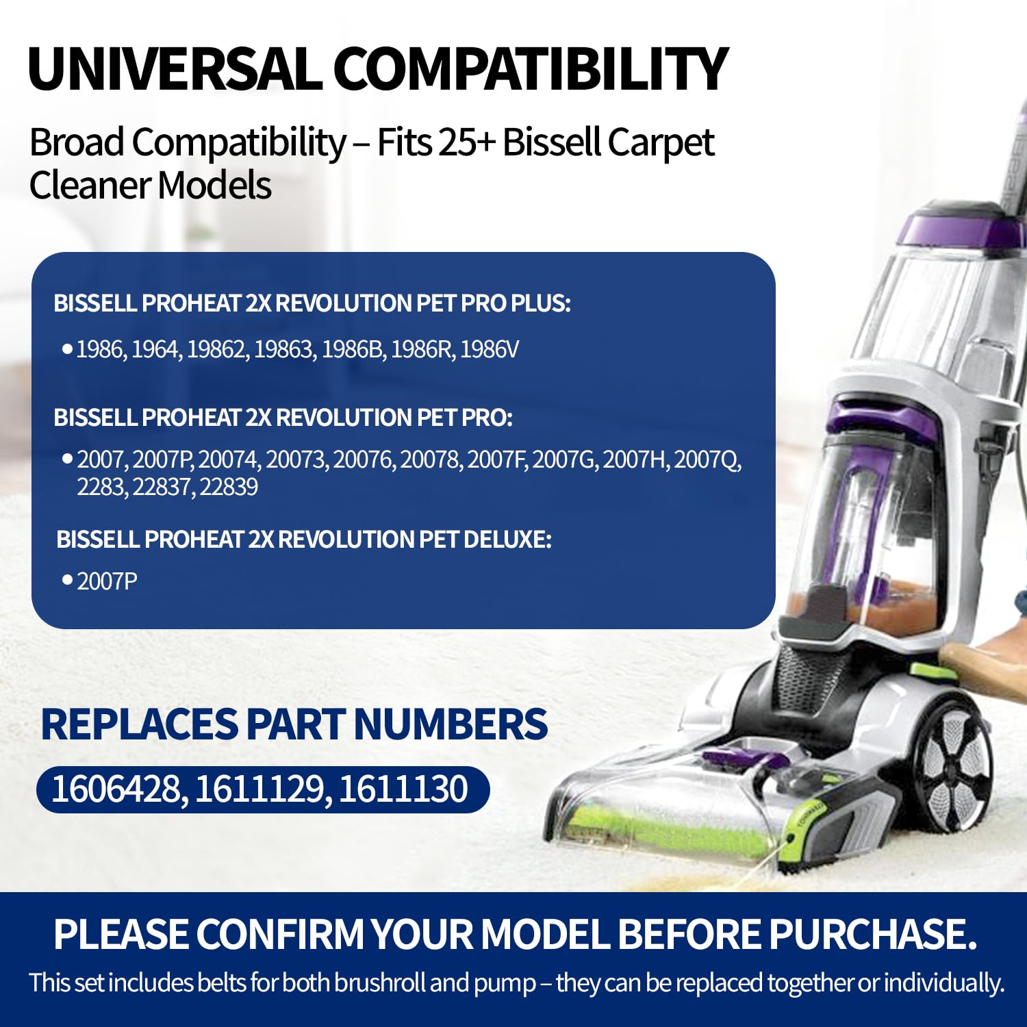 Three belts in kit for Bissell ProHeat 2X Revolution Pet Pro