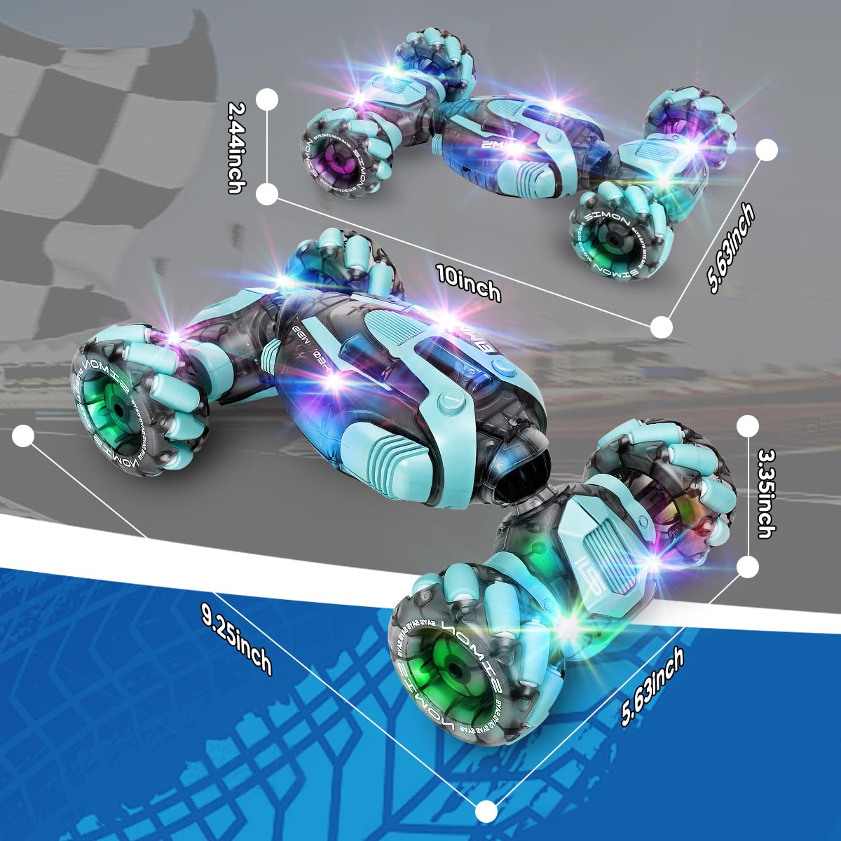 Dual rechargeable batteries powering ZMMB RC stunt car with lights