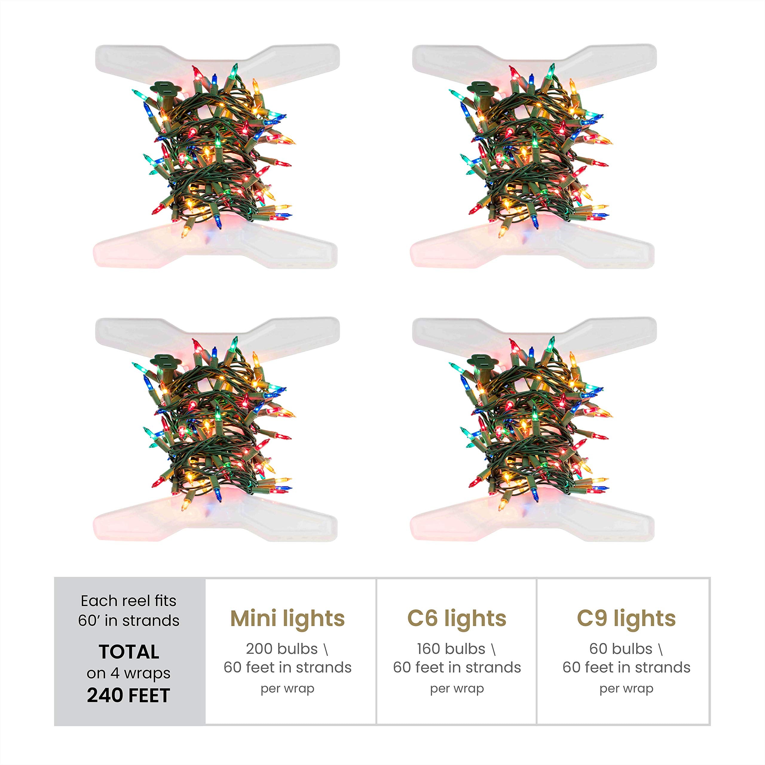 Holds up to 800 mini lights with four spools