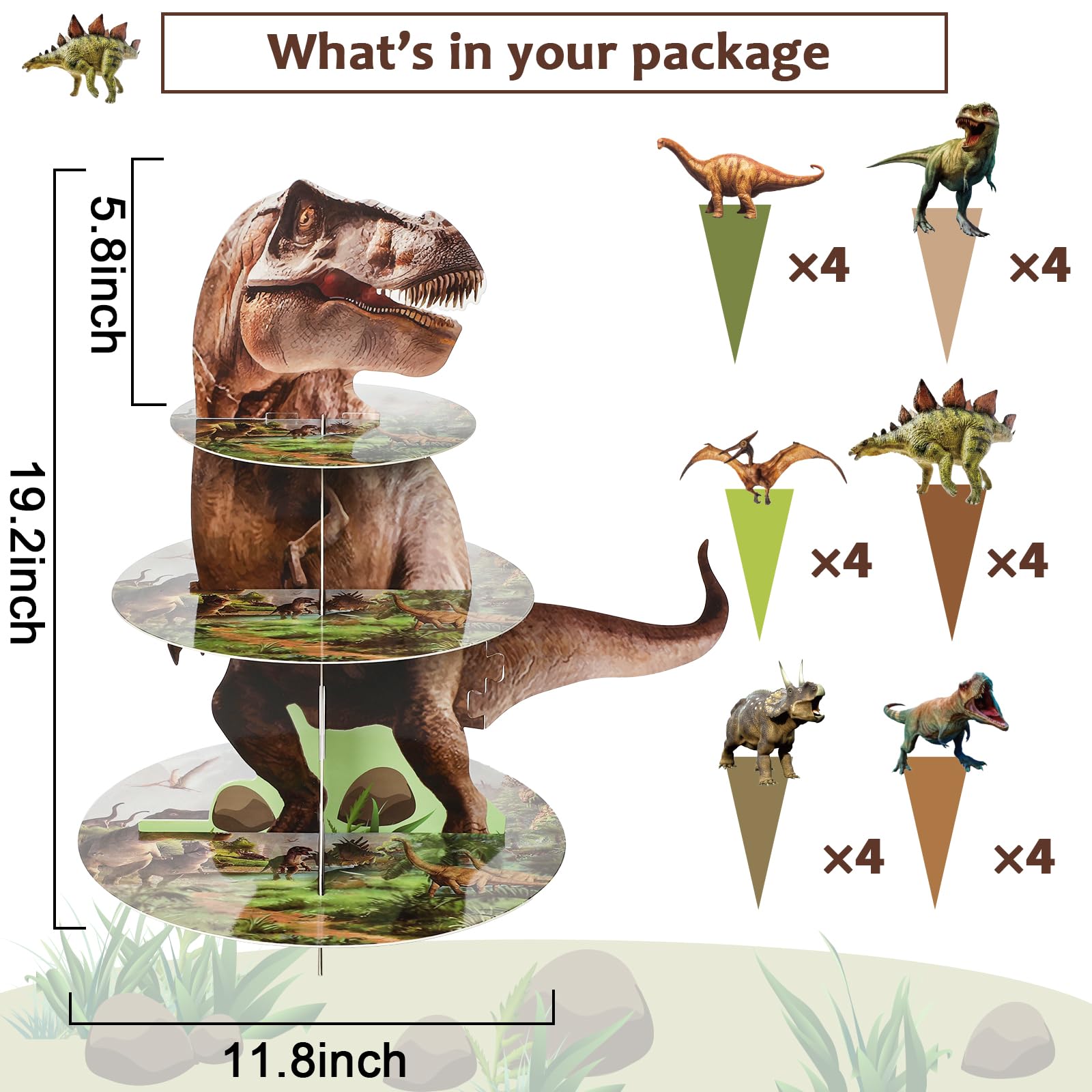 3 tier dinosaur dessert tower with forest disc