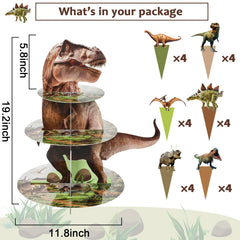 3 tier dinosaur dessert tower with forest disc