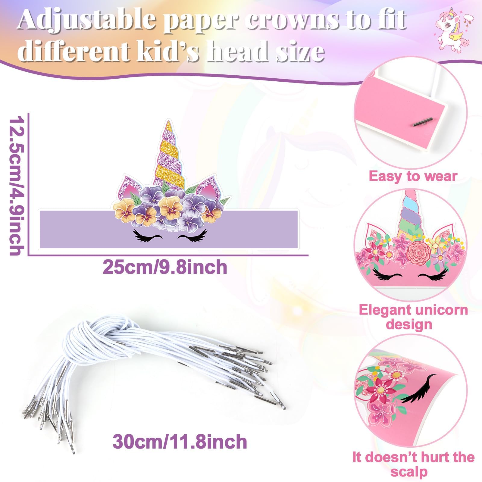 Glitter unicorn horns and flowers on party hats