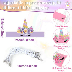 Glitter unicorn horns and flowers on party hats