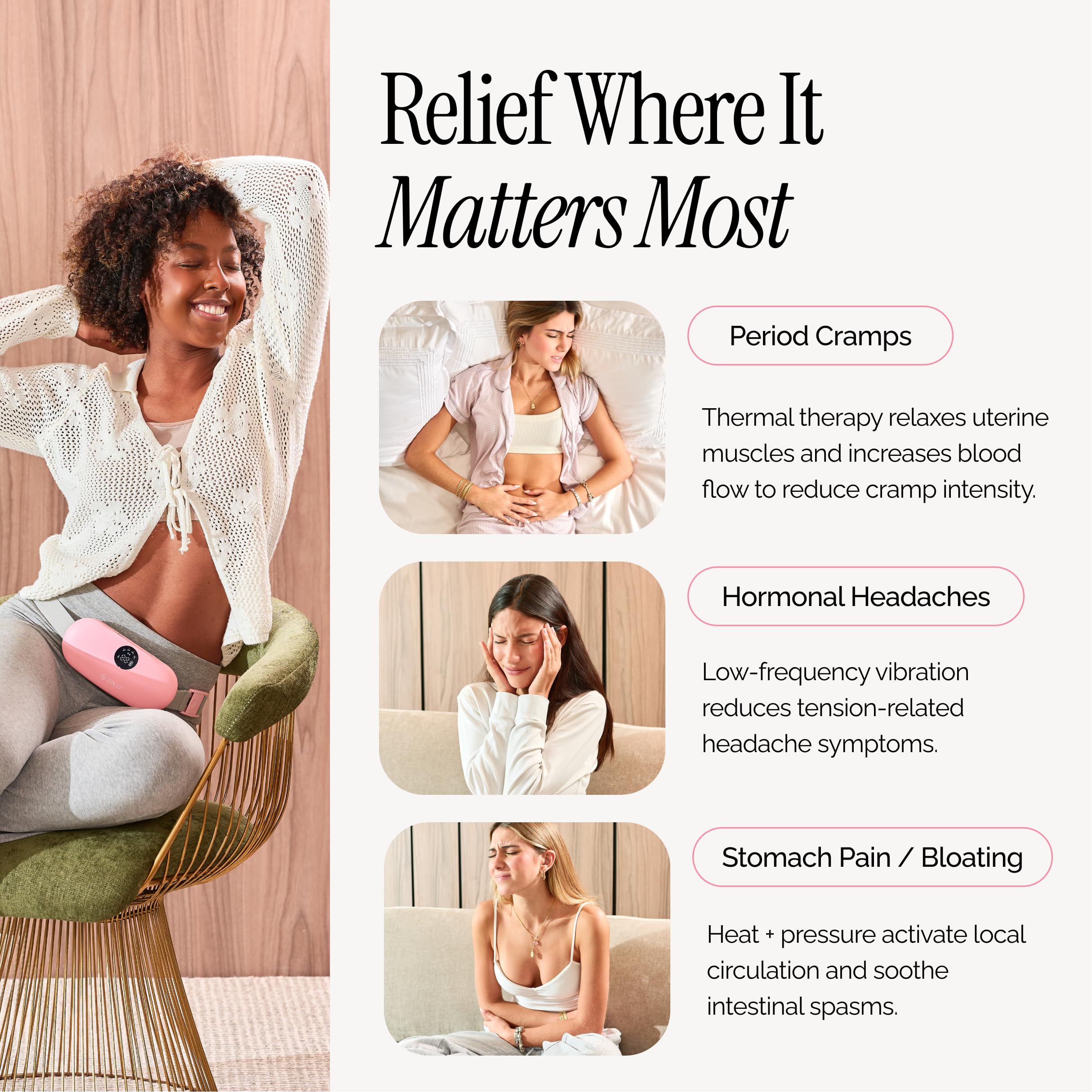 Zolly wearable cordless heating pad with heat and massage