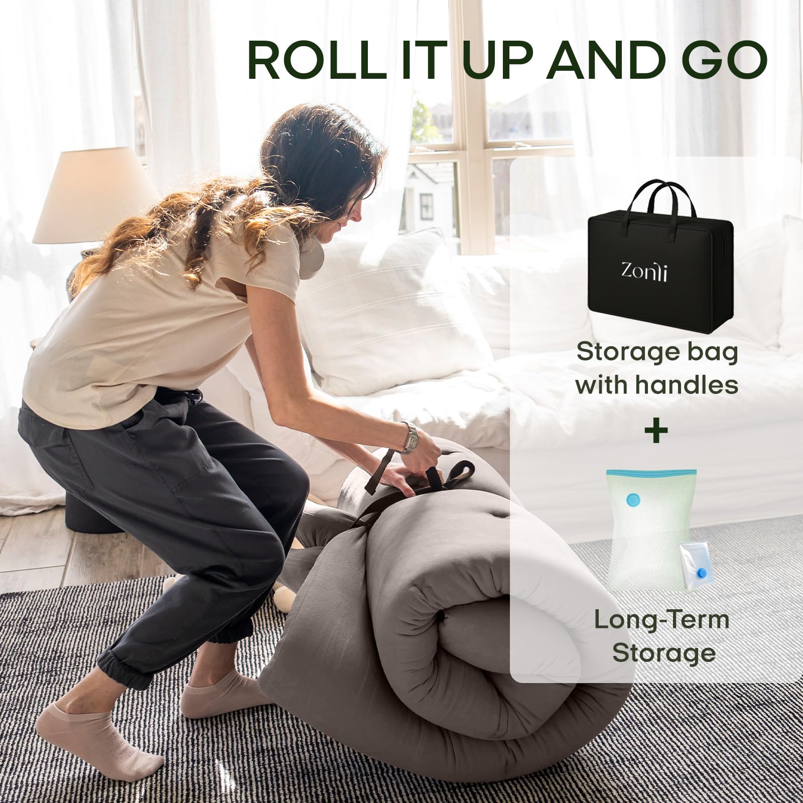 Multifunctional use as futon mattress topper and guest mattress