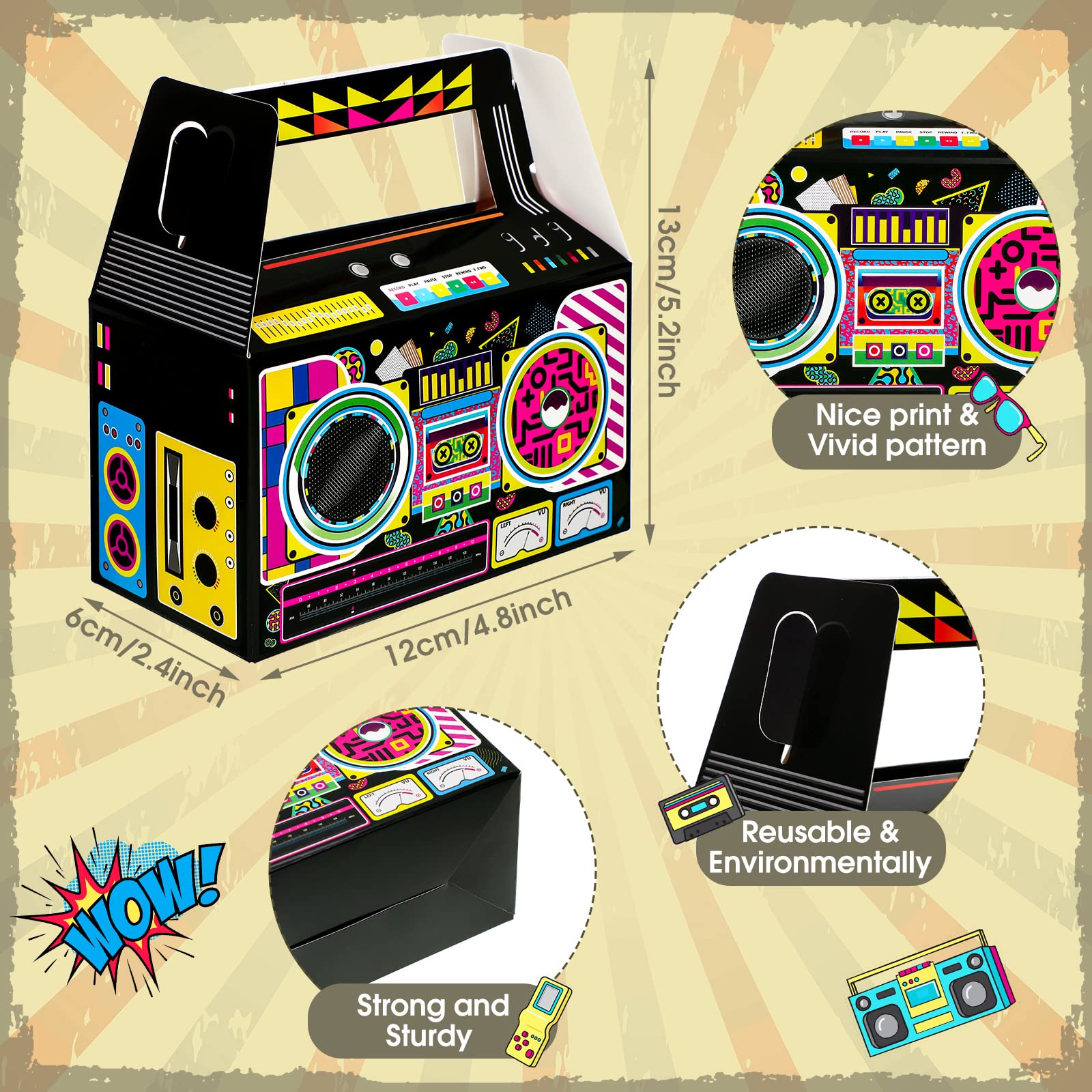 Zonon 80s party favor boxes stacked and ready for use
