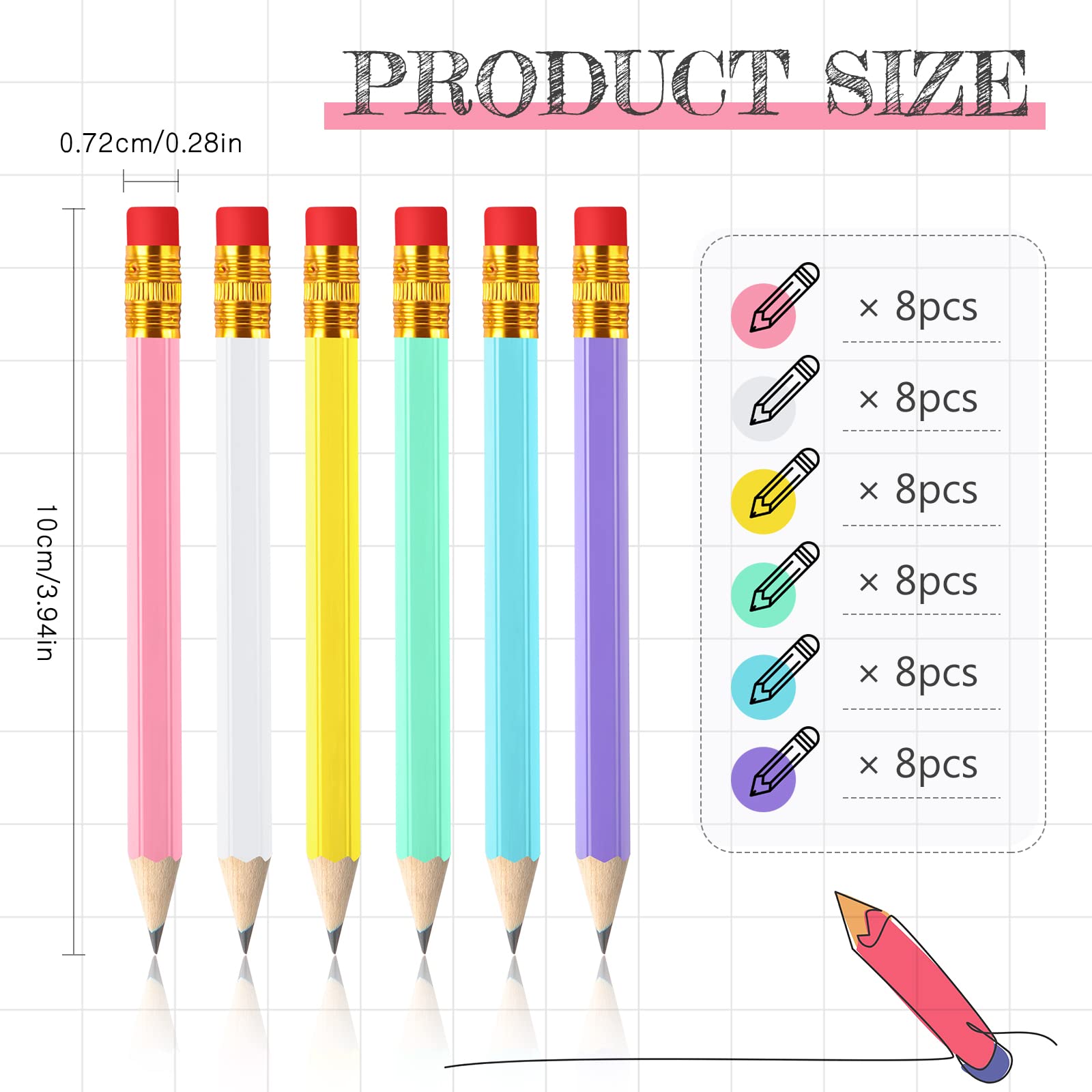 Zonon mini half pencils with eraser hexagonal design