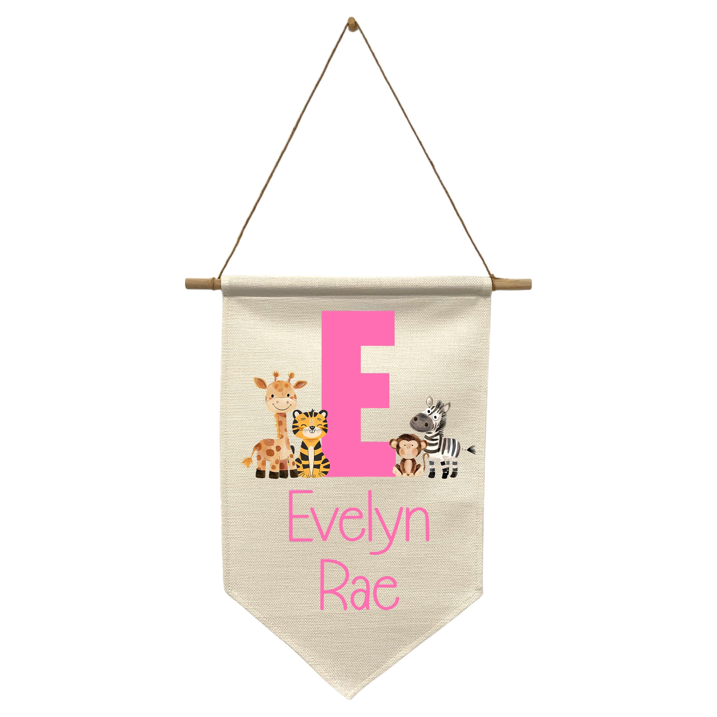 Zoo Aminal banner with initial hanging from wooden dowel