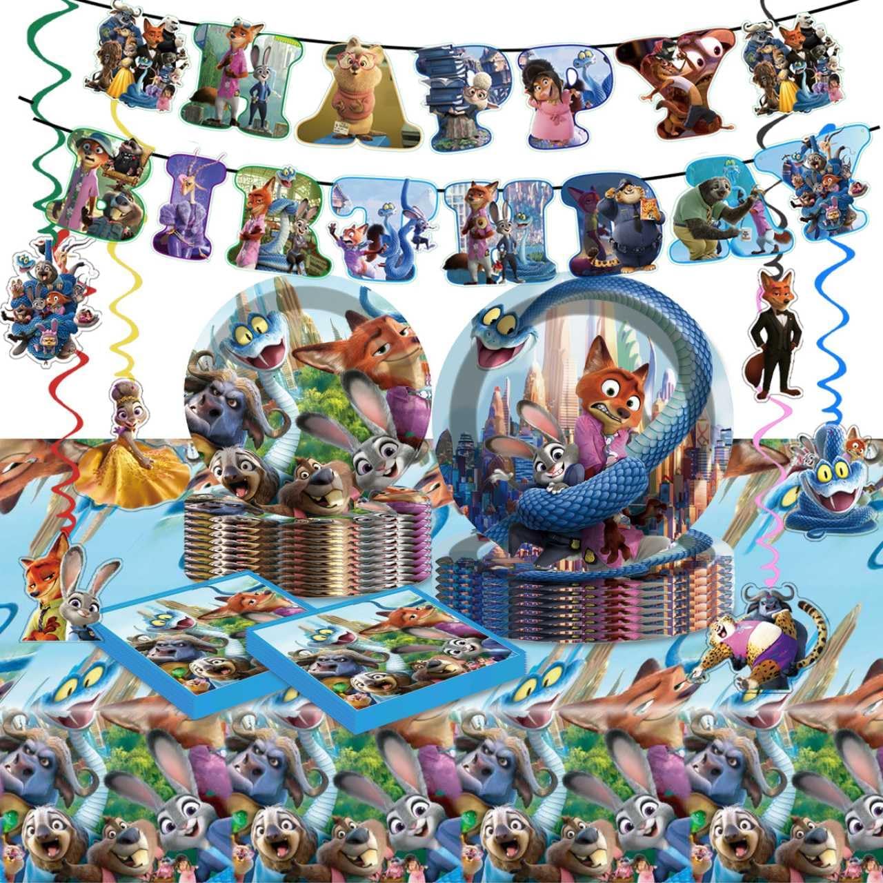 68PCS Zootopia2 party tableware set components arranged