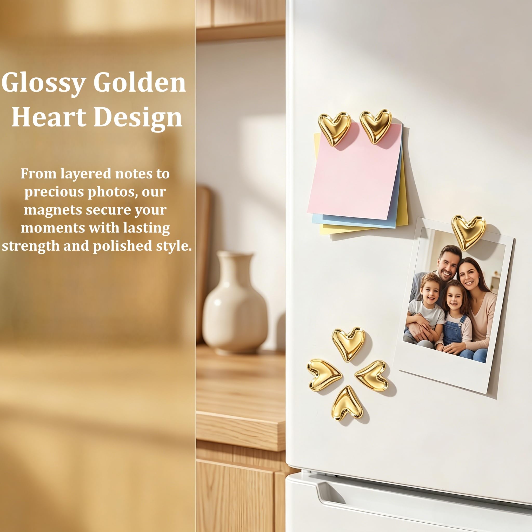 Gold heart fridge magnets 0.83 x 0.83 inch 20-pack on metal surface