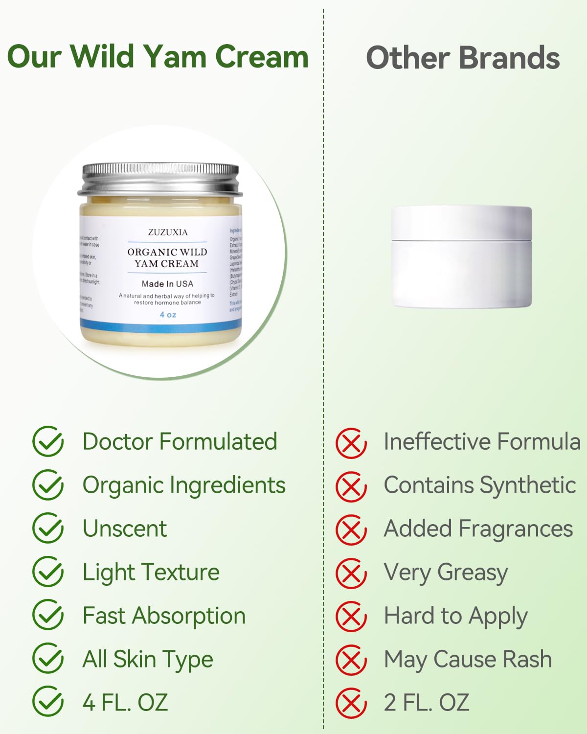 Ingredients include Yam Extract and plant oils in cream