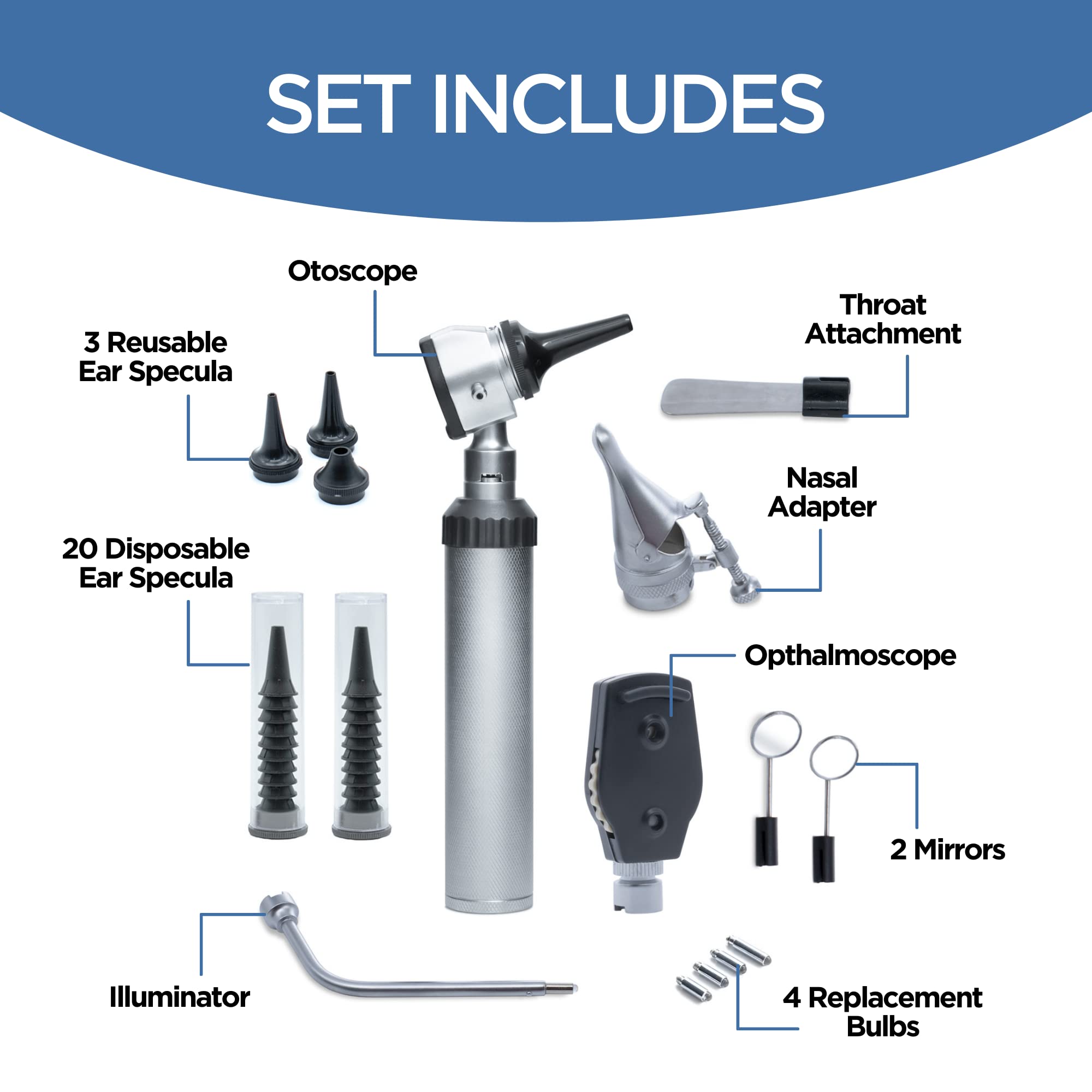 Otoscope head with light and handle from Zyrev diagnostic set