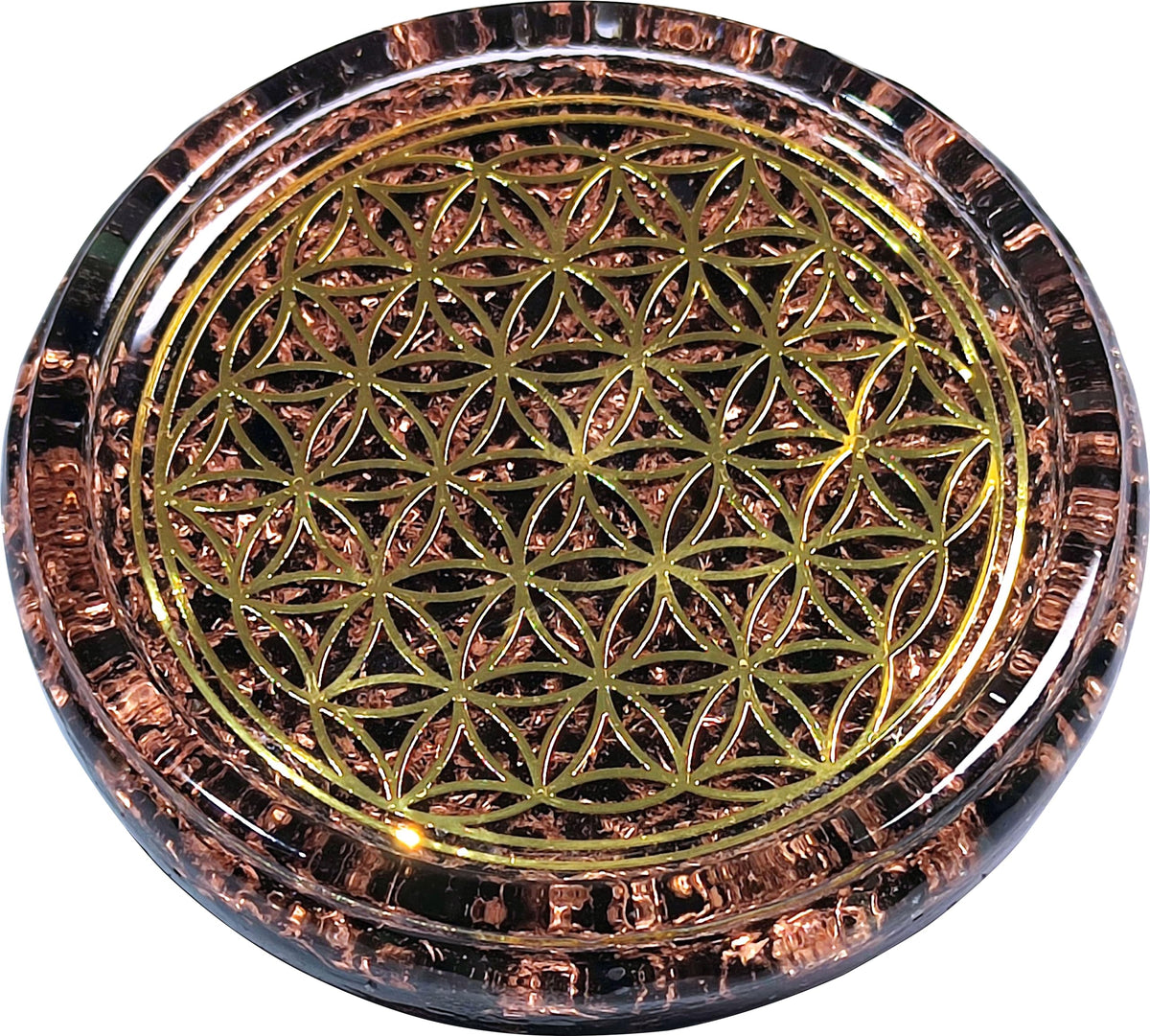 ZZYBIA Large 4 inch Obsidian Flower Of Life Coaster with raised edge and copper chips
