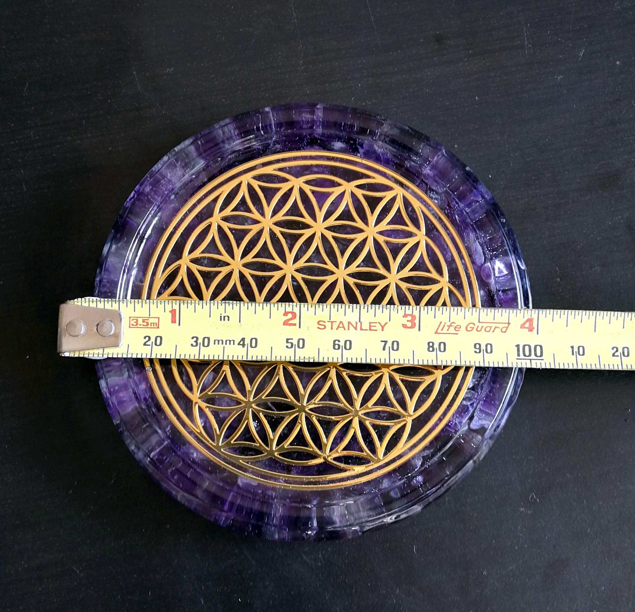 Large 4 inch diameter amethyst crystals coaster with raised edge